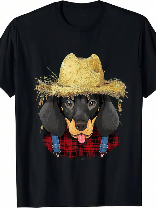 Men's Graphic T-Shirt Wheat Straw Hat And Red Plaid Shirt Wearing Black Brown Dog