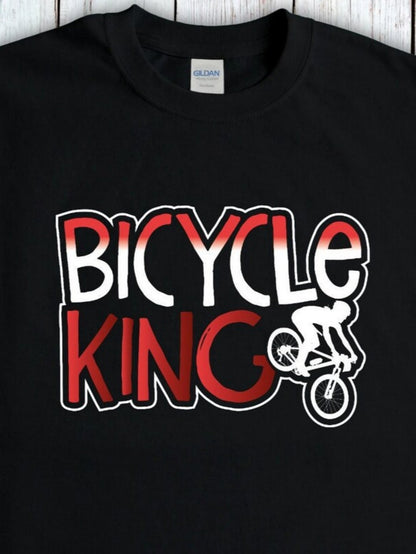 Men's Graphic T-Shirt Bicycle King Red And White Stylized Letters With Riding Cyclist Silhouette