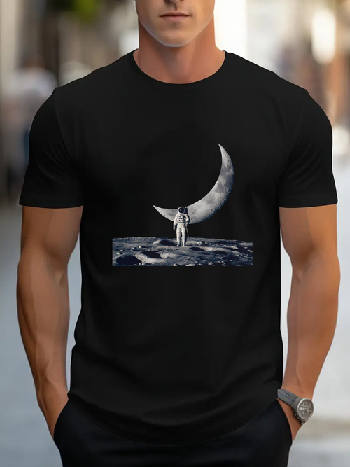 Men's Graphic T-Shirt Surreal Night Landscape With Astronaut Gazing At Crescent Moon Scene