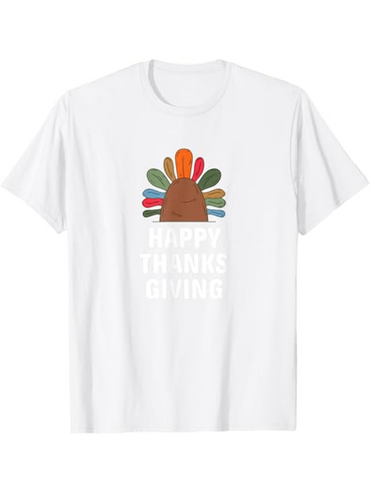 Men's Graphic T-Shirt Happy Thanksgiving Playful Colorful Feathers On White Festive Turkey