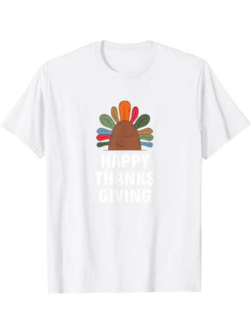 Men's Graphic T-Shirt Happy Thanksgiving Playful Colorful Feathers On White Festive Turkey