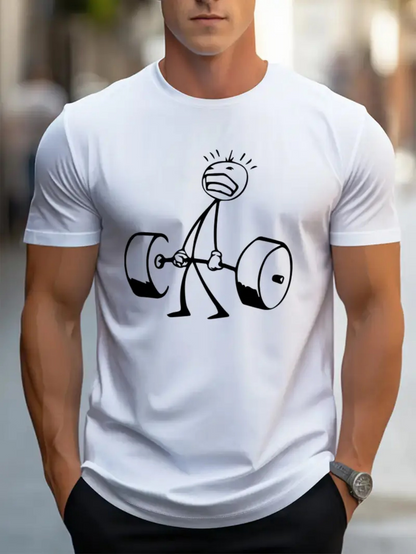 Men's Graphic T-Shirt Cartoon Stick Figure Lifting Heavy Barbell In City Street Gym Scene