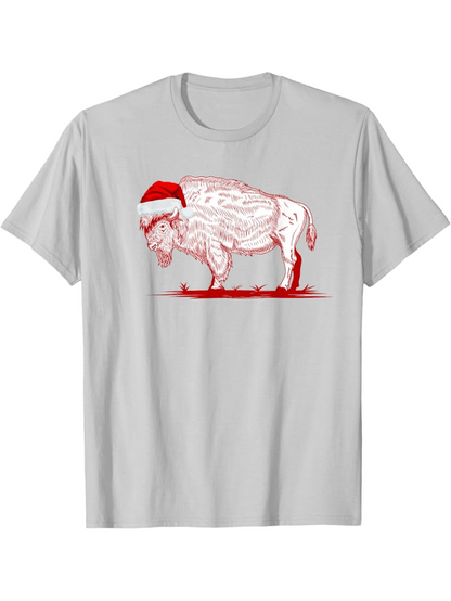 Men's Graphic T-Shirt Holiday Red Buffalo Wearing A Santa Hat Illustration