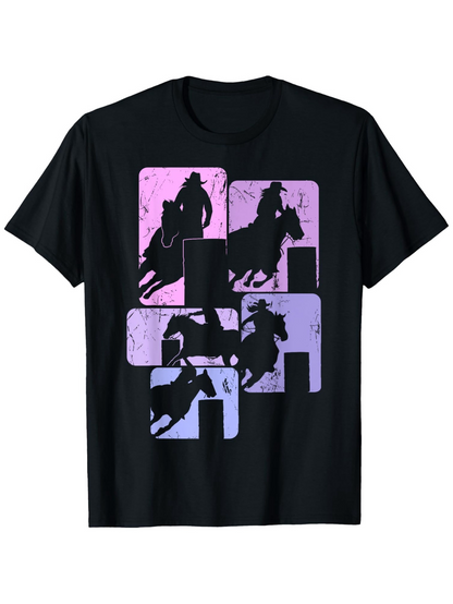 Men's Graphic T-Shirt Colorful Silhouette Riders With Horses Against Faded Abstract Backdrop Horse