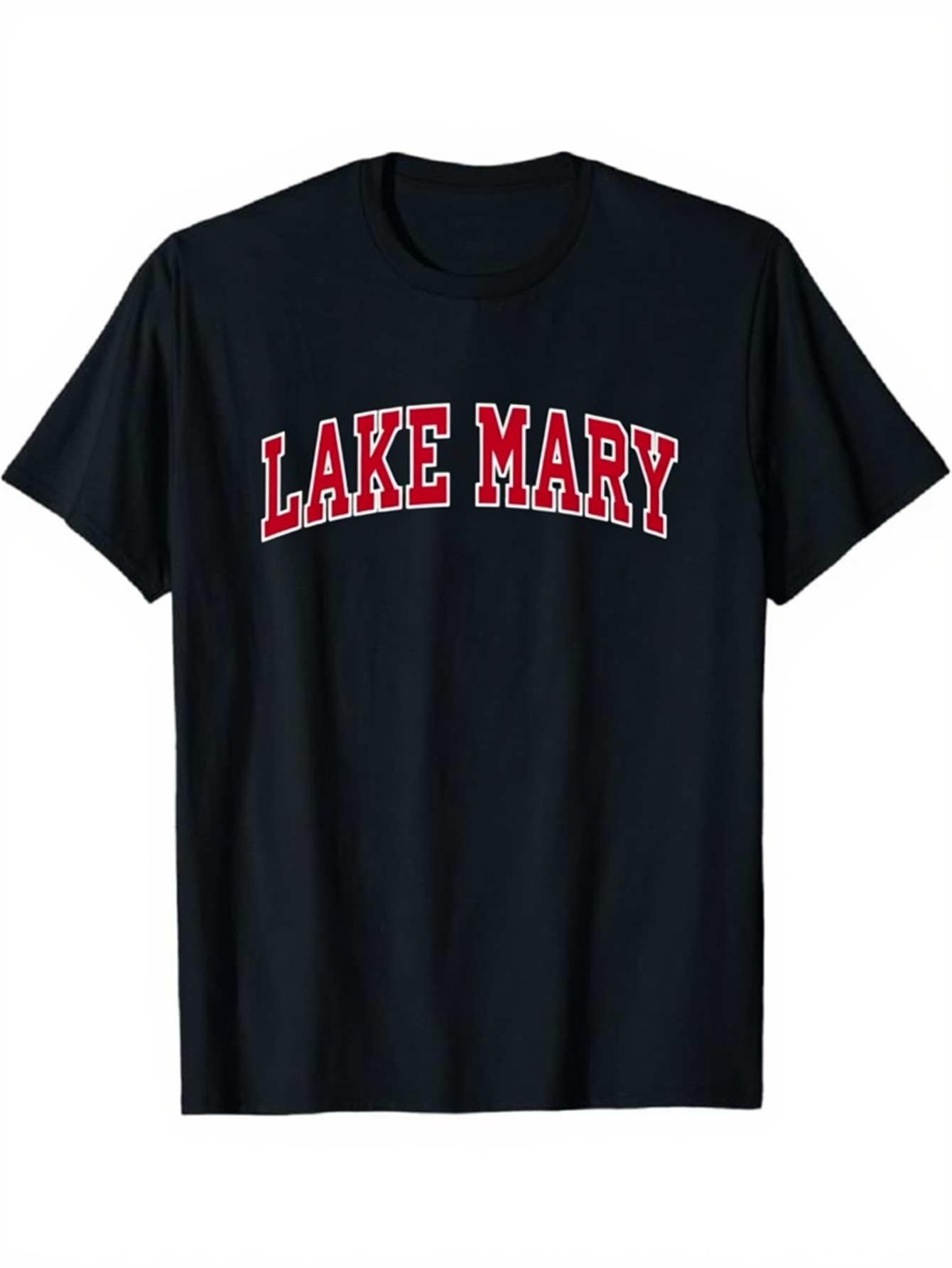 Men's Graphic T-Shirt Lake Mary Bold Red Letters On Classic Cotton Black Tee