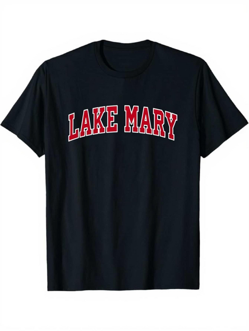 Men's Graphic T-Shirt Lake Mary Bold Red Letters On Classic Cotton Black Tee