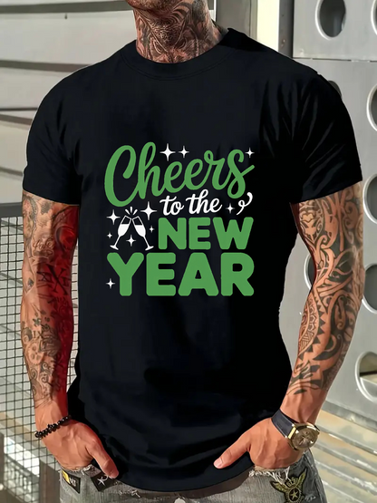 Men's Graphic T-Shirt Cheers To The New Year Glittering Green Letters Amid Sparkling Fireworks Typography T Shirt
