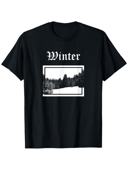 Men's Graphic T-Shirt Winter Snow Covered Evergreen Forest Under Dark Night Sky