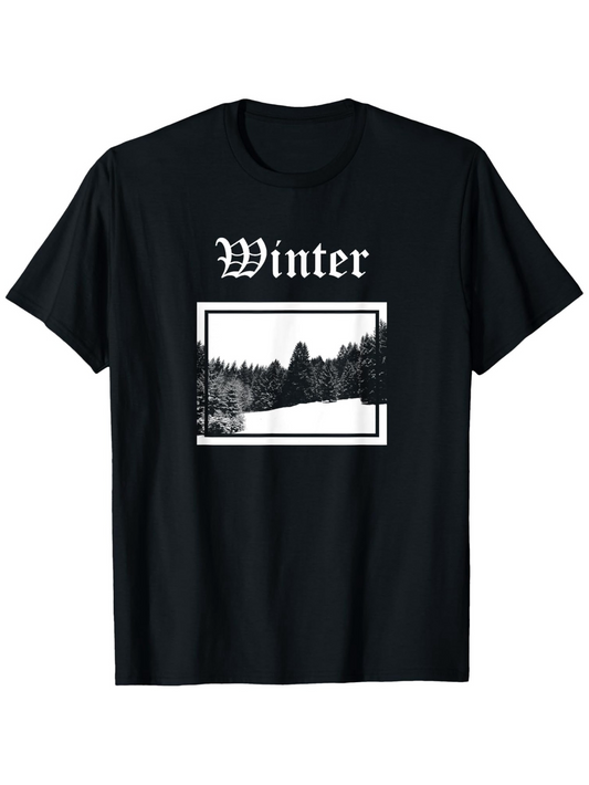 Men's Graphic T-Shirt Winter Snow Covered Evergreen Forest Under Dark Night Sky