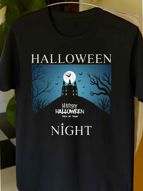 Men's Graphic T-Shirt Halloween Night With Moonlit Bats Haunted Hilltop Castle