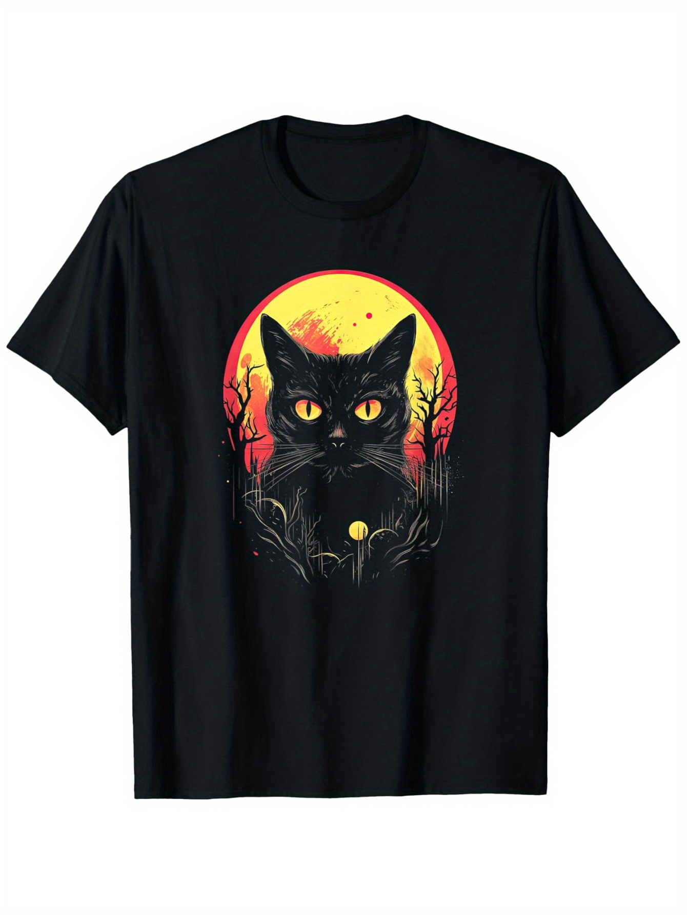 Men's Graphic T-Shirt Yellow Full Moon Behind Glowing Eyes Shadowy Night Cat