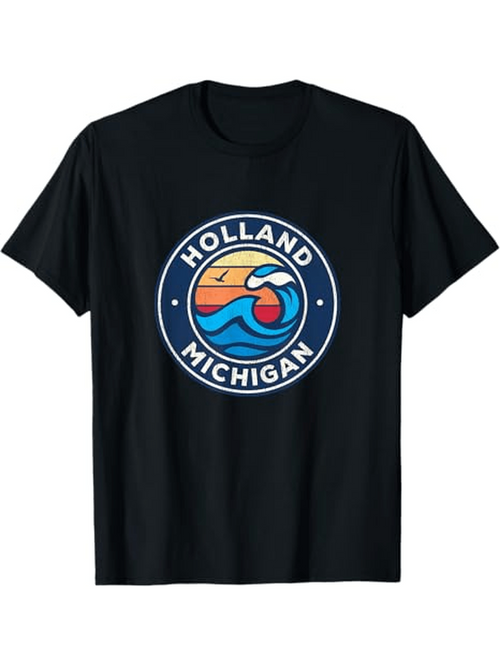 Men's Graphic T-Shirt Holland Michigan Sunset Wave Surrounded By Circular Badge Graphic