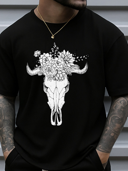 Men's Graphic T-Shirt Blooming Wildflowers With Elegant Bull Skull Illustration