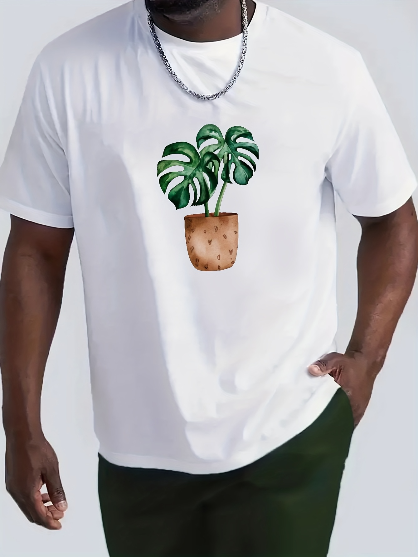 Men's Graphic T-Shirt Hand Painted Green Leaves In A Brown Flowerpot Plant