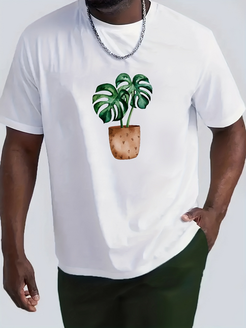 Men's Graphic T-Shirt Hand Painted Green Leaves In A Brown Flowerpot Plant