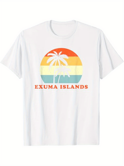 Men's Graphic T-Shirt Exuma Islands Colorful Retro Sunset With Palm Tree Silhouette