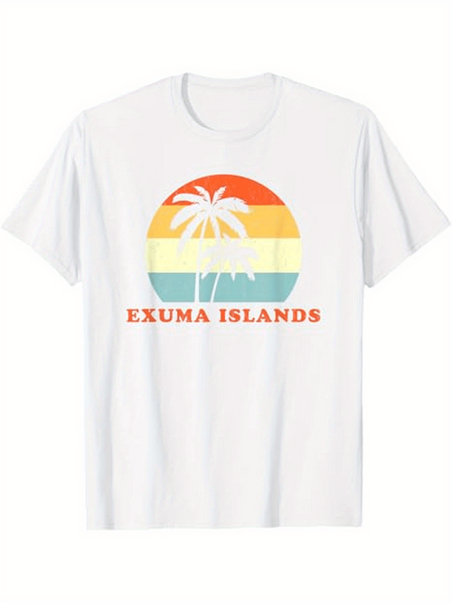 Men's Graphic T-Shirt Exuma Islands Colorful Retro Sunset With Palm Tree Silhouette