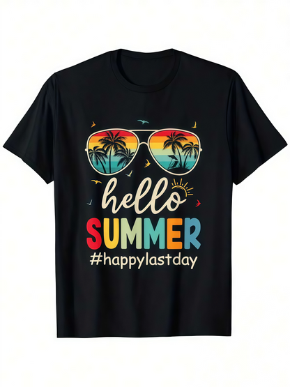 Men's Graphic T-Shirt Hello Summer Rainbow Text With Sunglasses And Palm Trees Graphic Shirt