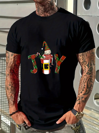 Men's Graphic T-Shirt Santa Hat With Candy Cane Belted Mug And Joyful Holiday Letters