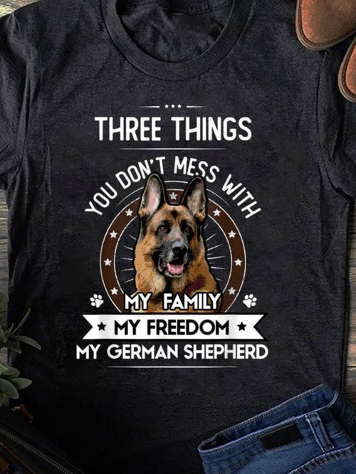 Women's Graphic T-Shirt Three Things You Dont Mess With My Freedom My German Shepherd Surrounded By Stars And Paw Prints German Shepherd