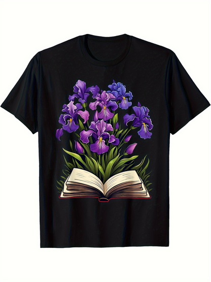 Men's Graphic T-Shirt Blooming Purple Irises Emerging Gracefully From An Open Old Book