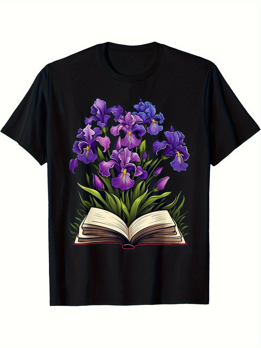 Men's Graphic T-Shirt Blooming Purple Irises Emerging Gracefully From An Open Old Book