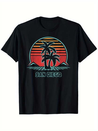 Men's Graphic T-Shirt San Diego Vibrant Sunset With Palm Trees And Ocean Waves