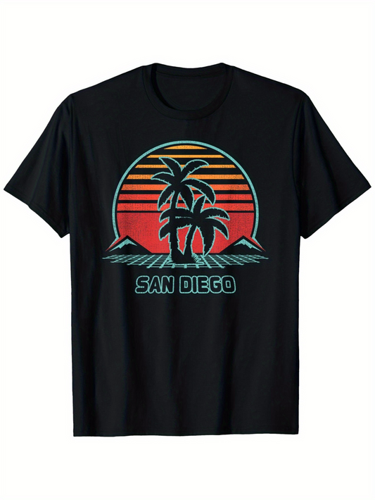 Men's Graphic T-Shirt San Diego Vibrant Sunset With Palm Trees And Ocean Waves