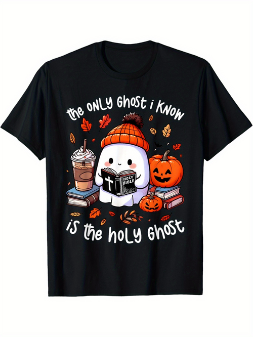 Men's Graphic T-Shirt The Only Ghost I Know Surrounded By Books Leaves Coffee Pumpkin Holy Ghost
