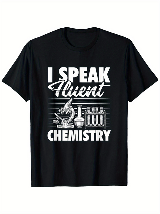 Men's Graphic T-Shirt I Speak Fluent Chemistry Science Lab Glassware Among Books And Microscope