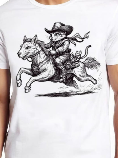 Men's Graphic T-Shirt Western Adventure With Cat Wearing Cowboy Hat Riding Horse