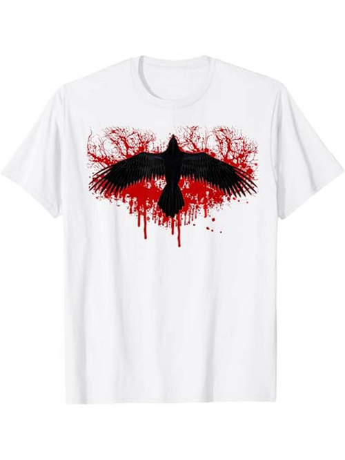 Men's Graphic T-Shirt Dark Flight With Red Splatter Over Gnarled Branchy Trees Crow