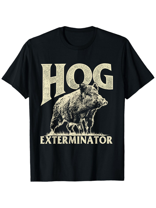 Men's Graphic T-Shirt Hog Exterminator Bold Vintage Letters With Standing Wild Boar Graphic