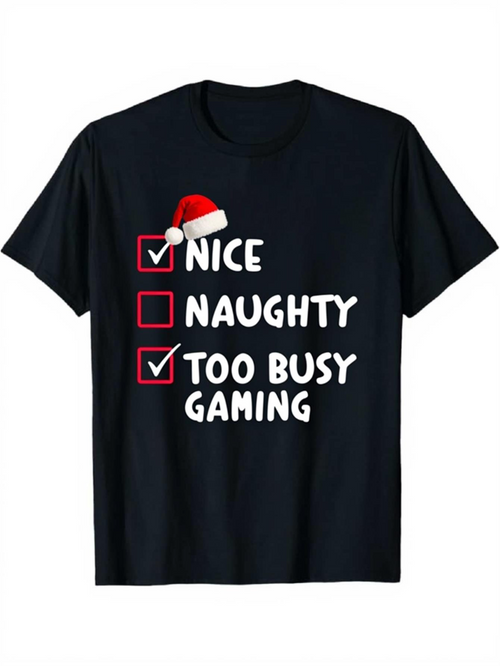 Men's Graphic T-Shirt Nice Naughty Too Busy Gaming With Santa Hat Christmas Theme