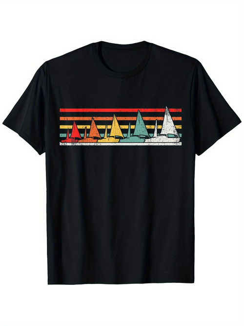 Men's Graphic T-Shirt Retro Striped Horizon With Multicolored Sailing Boats Under Sunrise Sailboat