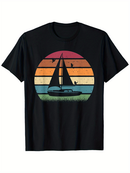 Men's Graphic T-Shirt Sailing At Sunset With Gradient Stripes And Flying Birds Sailboat