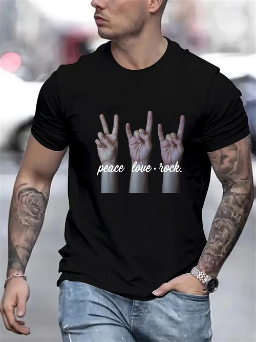 Men's Graphic T-Shirt Peace Love Rock Gesture With Photorealistic Hands On Black Shirt