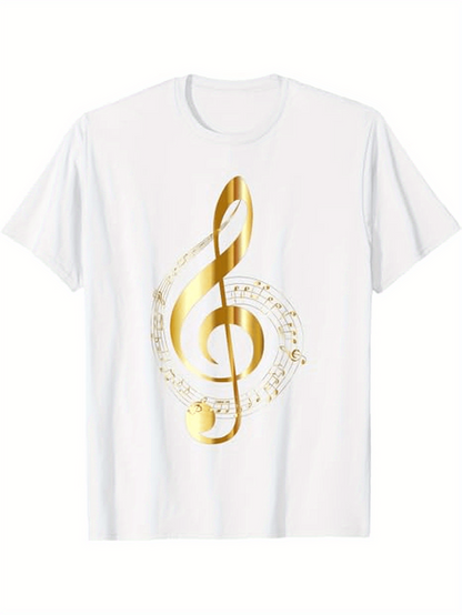 Men's Graphic T-Shirt Shining Metallic Gold Swirl With Musical Symbol Treble Clef