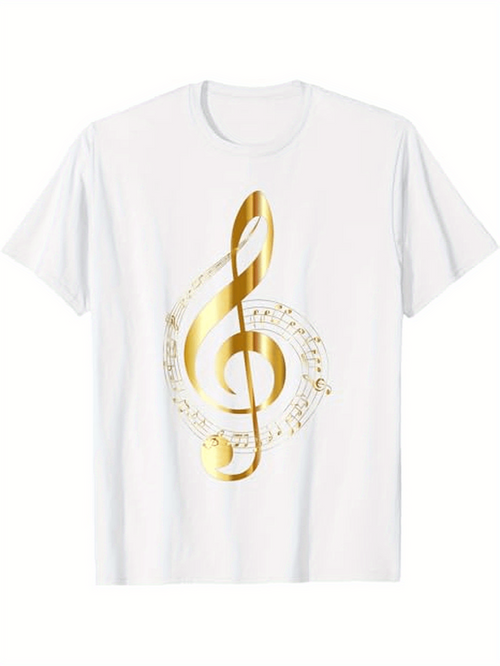 Men's Graphic T-Shirt Shining Metallic Gold Swirl With Musical Symbol Treble Clef