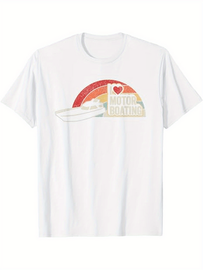 Men's Graphic T-Shirt I Love Motor Boating Smoky Sunset With Peaceful River Motorboat