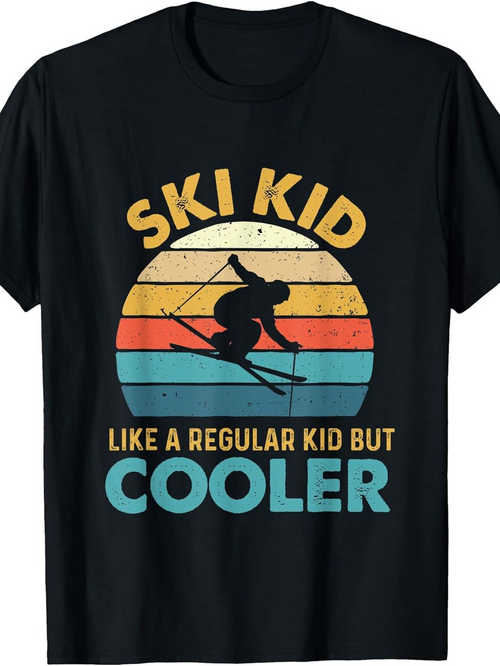 Men's Graphic T-Shirt Ski Kid Cooler Retro Sunset Colors Behind Skiing Silhouette