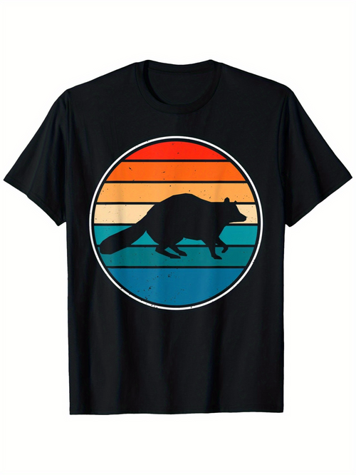 Men's Graphic T-Shirt Retro Striped Sunset Silhouette With Running Raccoon In Center Circle Raccoon