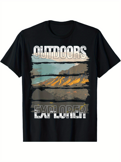 Men's Graphic T-Shirt Outdoors Explorer Painted Nature Layers With Sunset Mountain Landscape