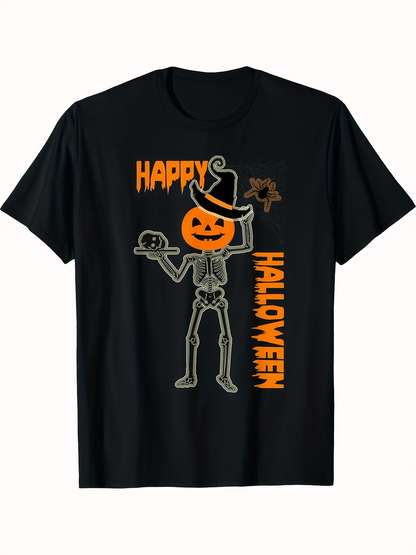 Men's Graphic T-Shirt Happy Halloween Skeleton With Pumpkin Head And Witch Hat