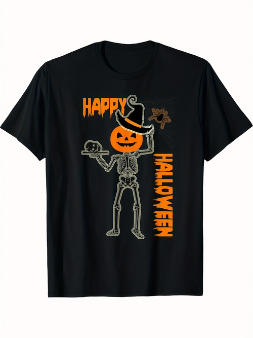 Men's Graphic T-Shirt Happy Halloween Skeleton With Pumpkin Head And Witch Hat