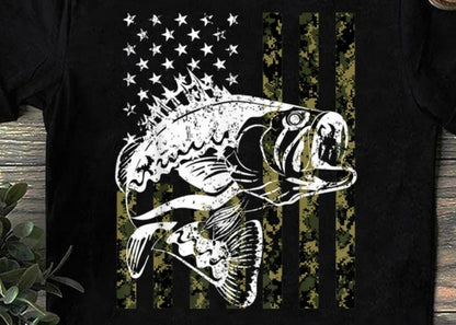 Men's Graphic T-Shirt Vintage American Flag With Jumping Largemouth Bass Illustration Fish