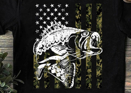 Men's Graphic T-Shirt Vintage American Flag With Jumping Largemouth Bass Illustration Fish