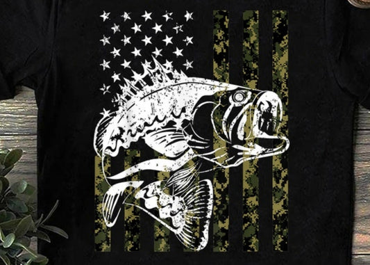 Men's Graphic T-Shirt Vintage American Flag With Jumping Largemouth Bass Illustration Fish