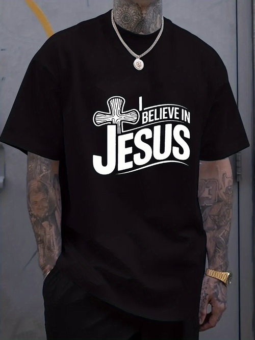 Men's Graphic T-Shirt I Believe In Jesus With A Cross Design Christian Faith Statement