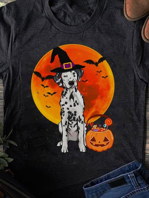 Men's Graphic T-Shirt Bright Orange Moon With Dalmatian Wearing Witch Hat Beside Pumpkin